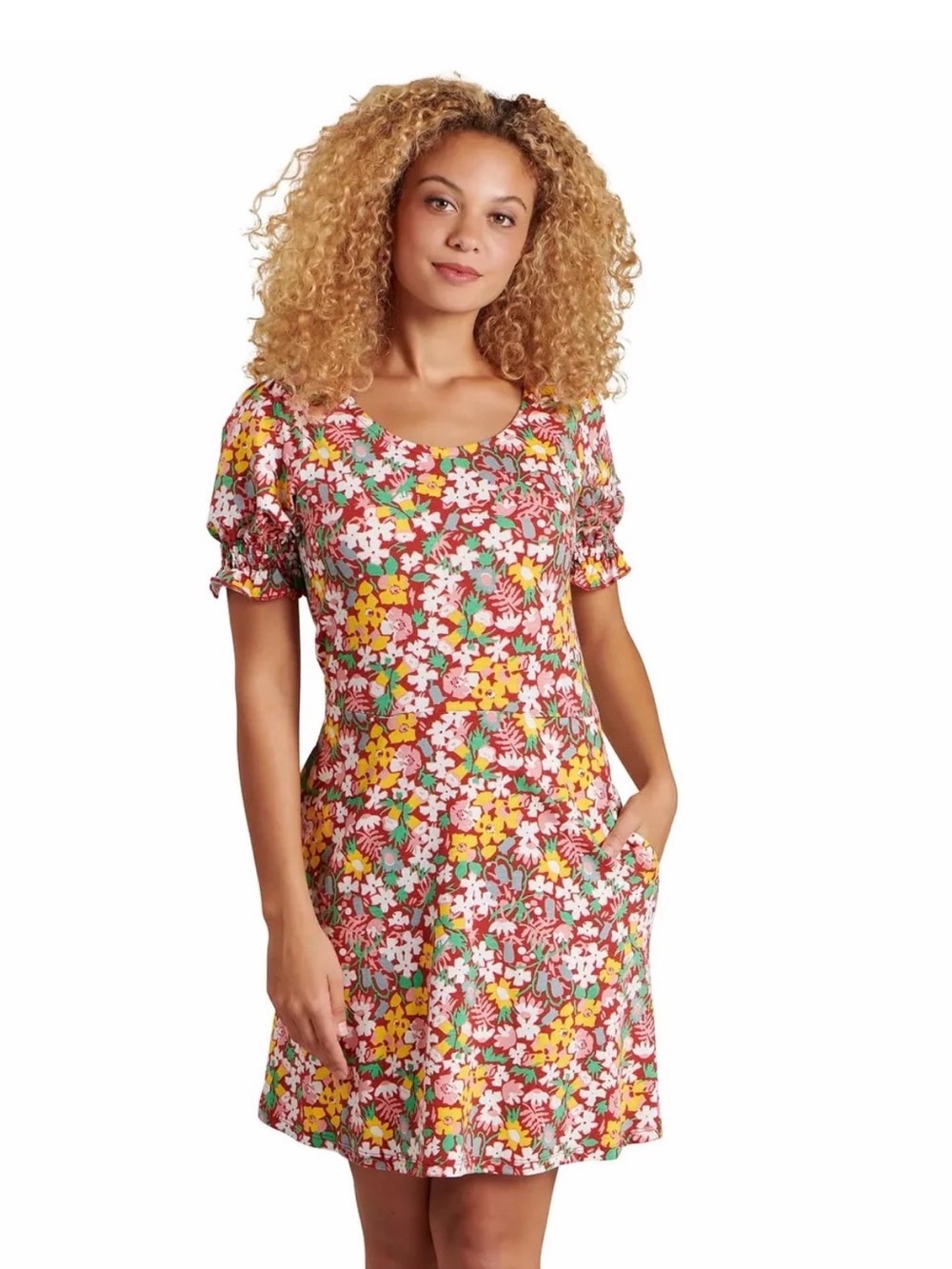 Toad&Co Laurel Short Sleeve Mini Dress - Brick Garden Print - small